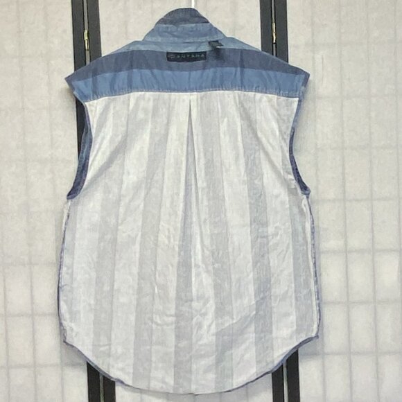 Vintage Santana Blue Sleeveless Button Front Vertical Stripe Shirt L Casual - Picture 6 of 13